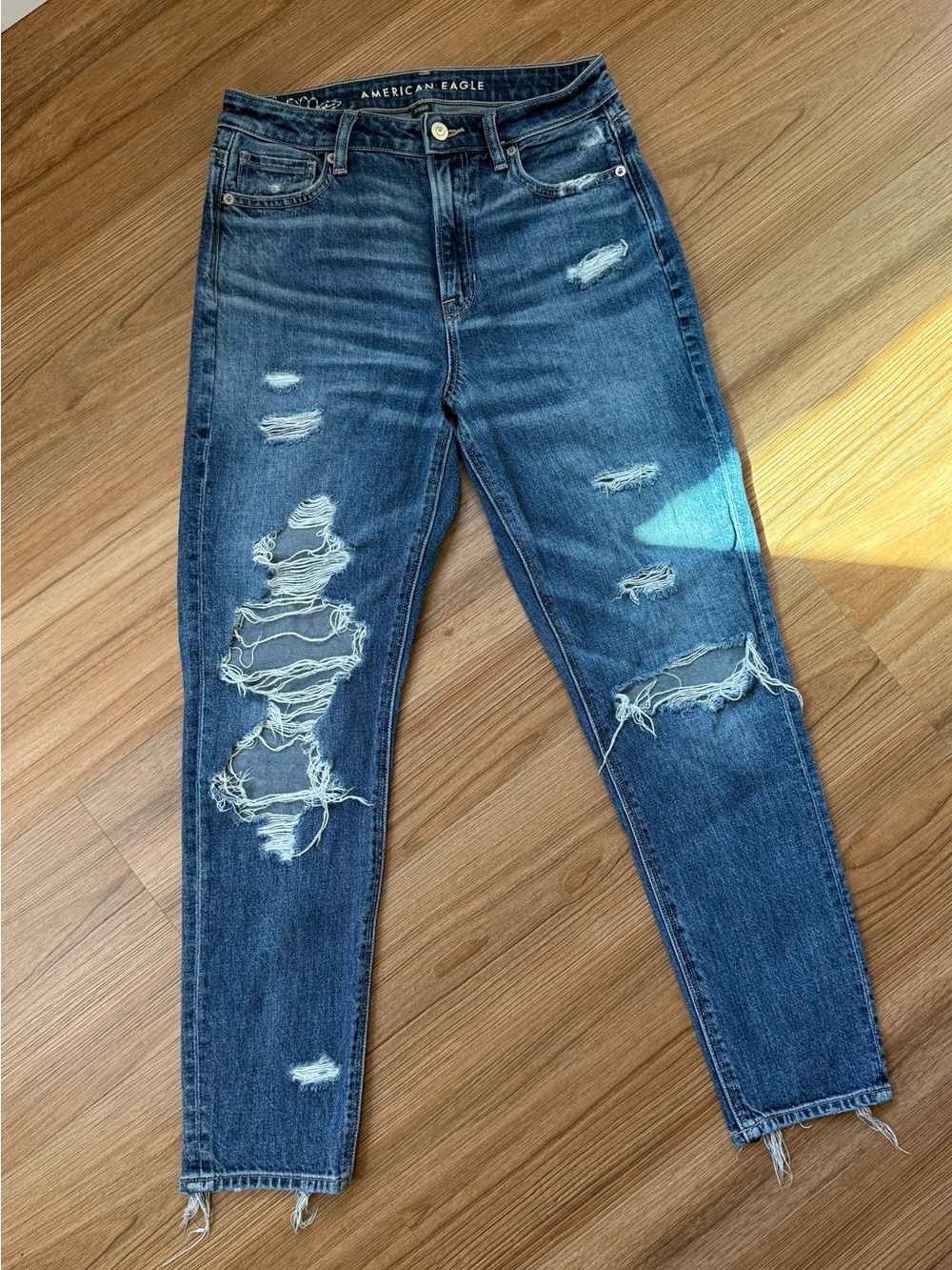 American Eagle Distressed Mom Jeans High Rise Size 4R Blue
